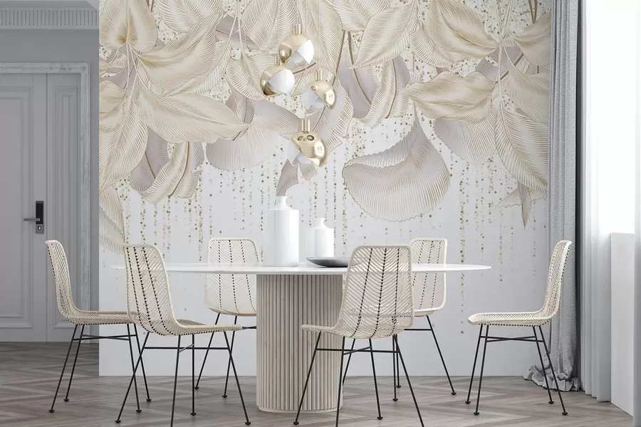 τοιχογραφίες Λευκά λεπτομερή τροπικά φύλλα και κίτρινες τελείες υφή σε λευκό φόντο w08836