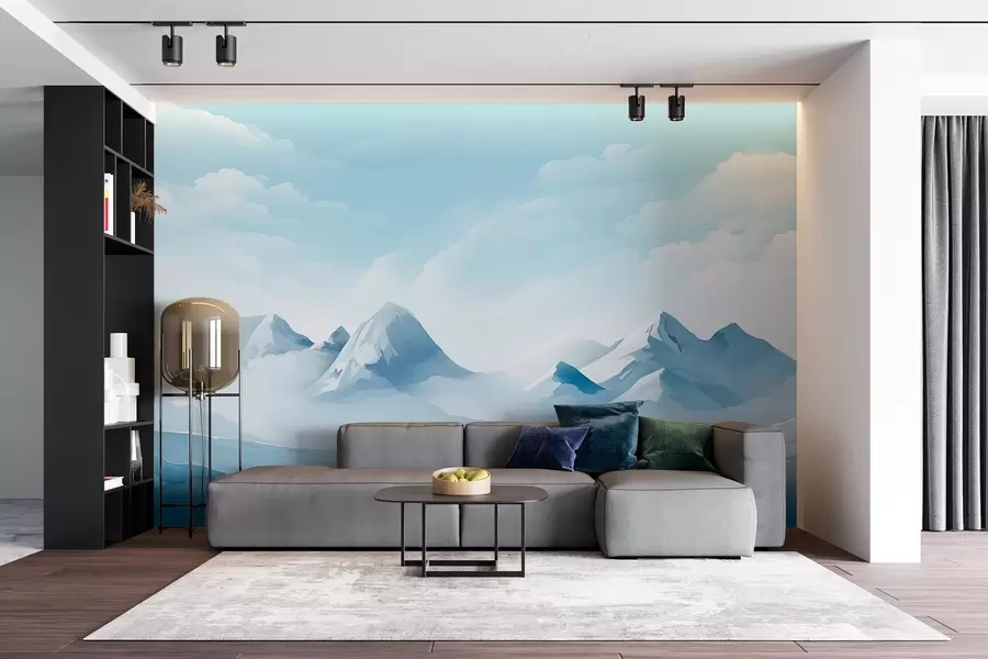 τοιχογραφίες Μινιμαλιστικά μπλε σύννεφα και βουνά, παγωμένος καιρός w08811