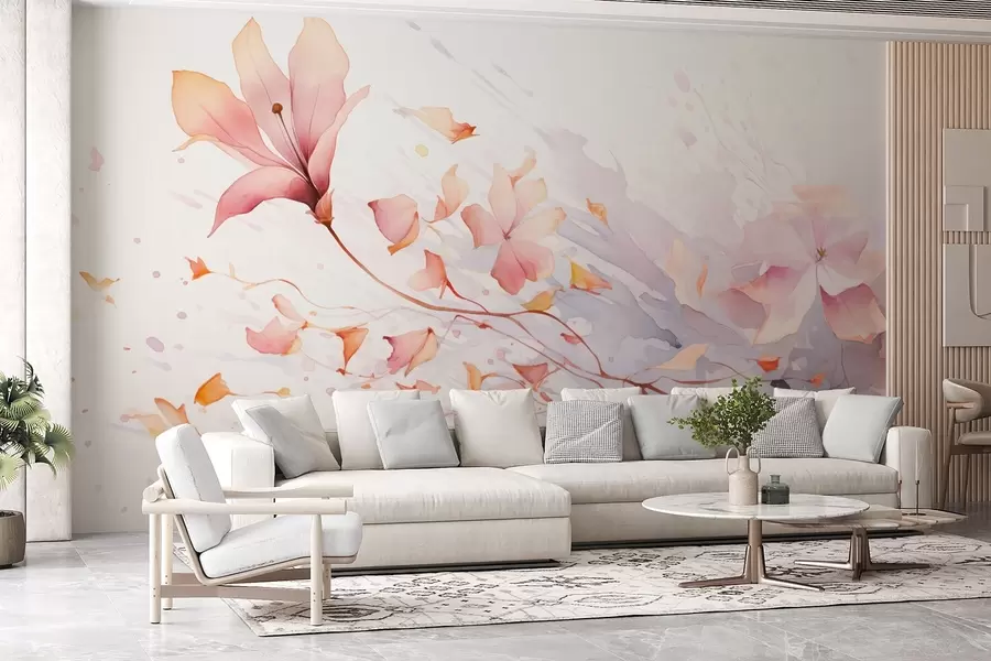 τοιχογραφίες Ένα λουλούδι με πέταλα που πέφτουν και φτερουγίζουν στον άνεμο σε στυλ ακουαρέλας w08821