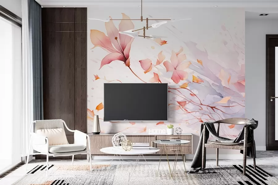 τοιχογραφίες Ένα λουλούδι με πέταλα που πέφτουν και φτερουγίζουν στον άνεμο σε στυλ ακουαρέλας w08821