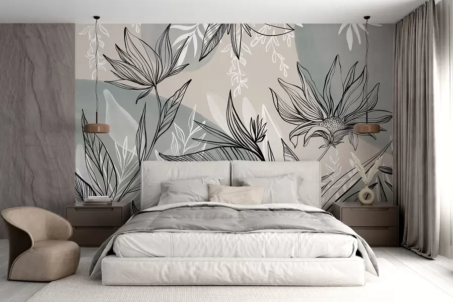 τοιχογραφίες Floral line art με μεγάλα φύλλα και λουλούδια, με φόντο μπεζ και μπλε νερομπογιές  w08865