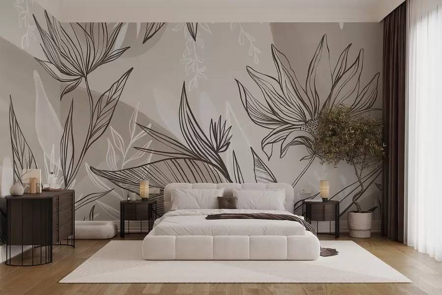 τοιχογραφίες Floral line art με μεγάλα φύλλα και λουλούδια, με φόντο μπεζ νερομπογιές  w08865v1
