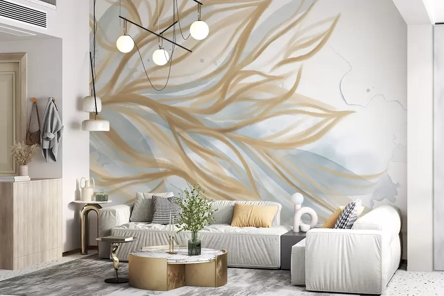 τοιχογραφίες Αφηρημένα κίτρινα φύλλα με μπλε φόντο ακουαρέλας, μαλακό και λεπτό, οργανικά σχήματα, ρέουσες γραμμές w08871