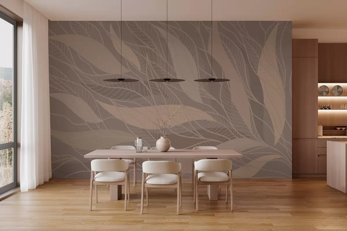 τοιχογραφίες αφηρημένα φύλλα σε μπεζ και ζεστά χρώματα w03117