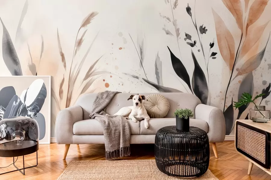 τοιχογραφίες φύλλα ακουαρέλας σε ελεύθερη τεχνική σε γήινα χρώματα w03120