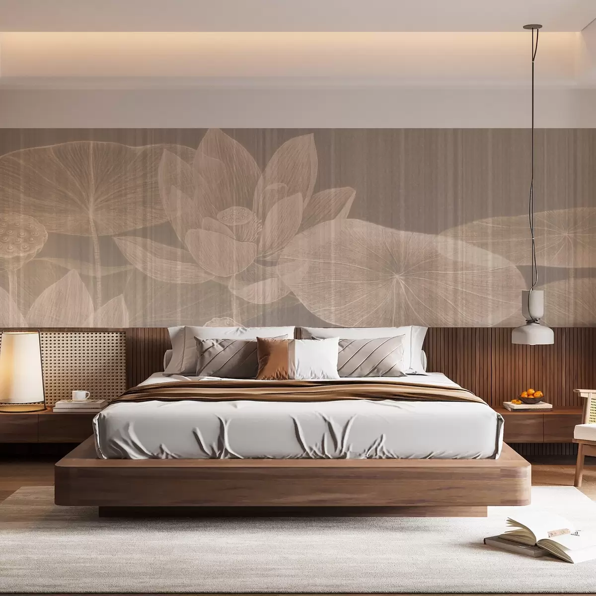 τοιχογραφίες Κομψή εικονογράφηση με λωτούς και κρινάκια σε παστέλ αποχρώσεις με λινό εφέ υφής, w03324v1