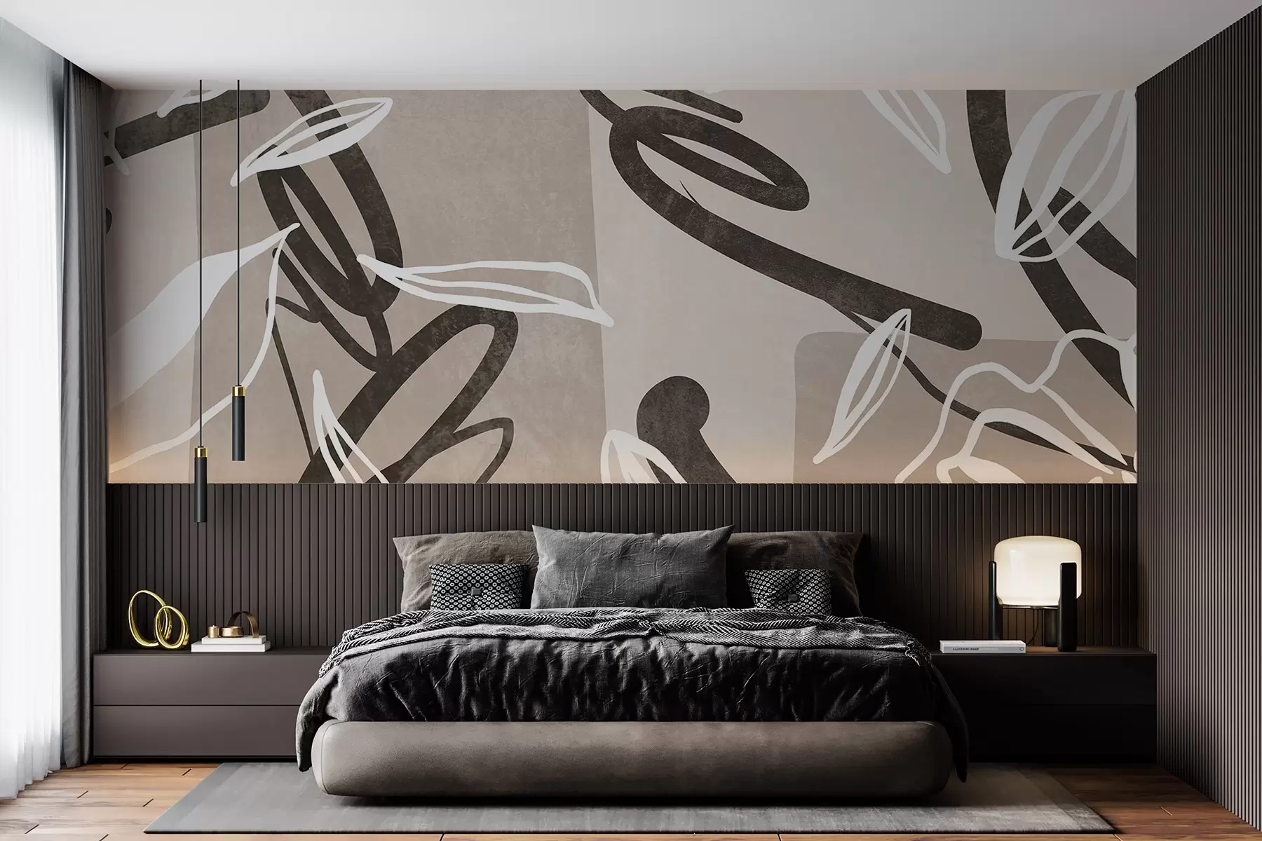 τοιχογραφίες Αφηρημένη υφή μοντέρνου και μινιμαλιστικού σχεδιασμού με floral στοιχεία σε ουδέτερη μπεζ χρωματική παλέτα w08888