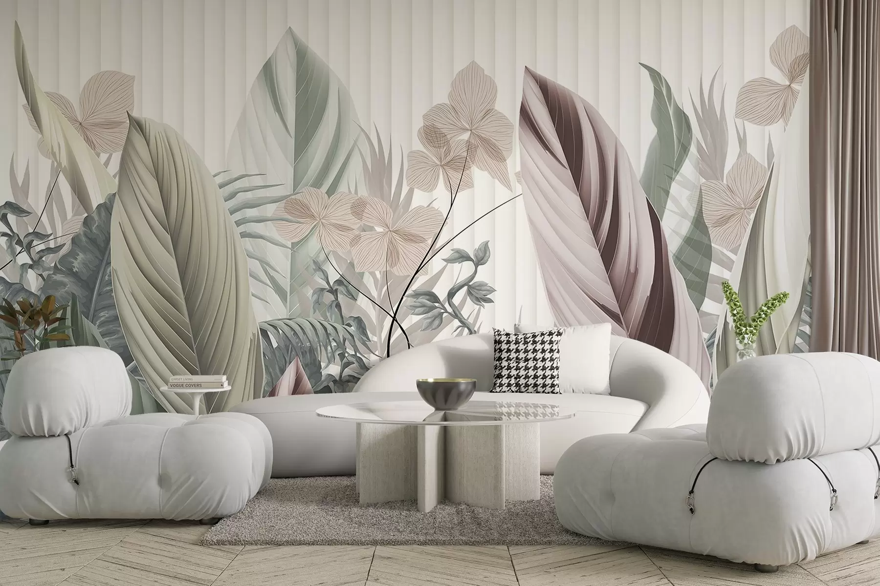 τοιχογραφίες Τροπικά φύλλα με απαλά παστέλ χρώματα, ανοιχτό πράσινο , ανοιχτό ροζ και ανοιχτό καφέ, κάθετες γραμμές στο φόντο w08892