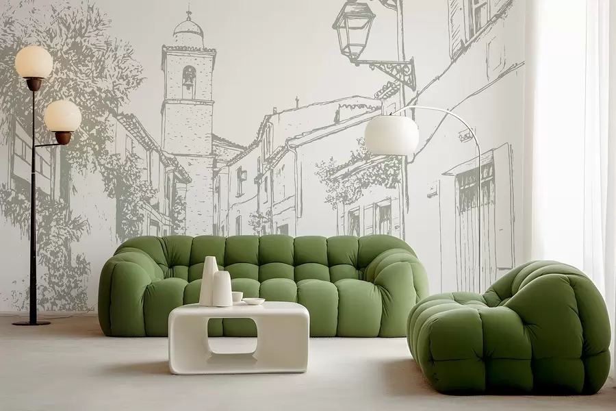 τοιχογραφίες Δρόμος πόλης, όμορφη αρχιτεκτονική, κτίρια, Μεσόγειος, σχέδιο γραμμής, χρώμα ελιάς w03345