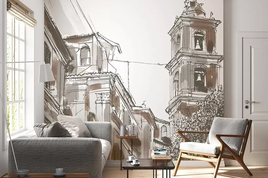 τοιχογραφίες Μεσογειακός δρόμος πόλης, παρεκκλήσι, αρχιτεκτονική, μπεζ και καφέ χρώματα w03350v1