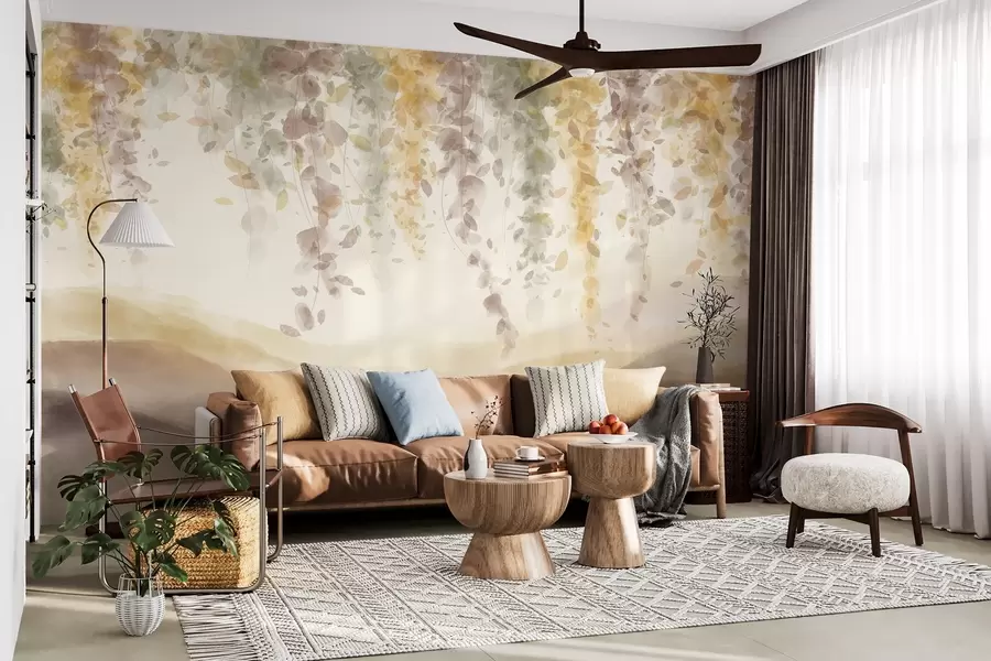 τοιχογραφίες Γλιστρίδα φύλλα κρέμονται πάνω από μπλε βουνά, μαλακό παστέλ κίτρινο και καφέ χρώματα, ακουαρέλα στυλ τοπίο w08909v1