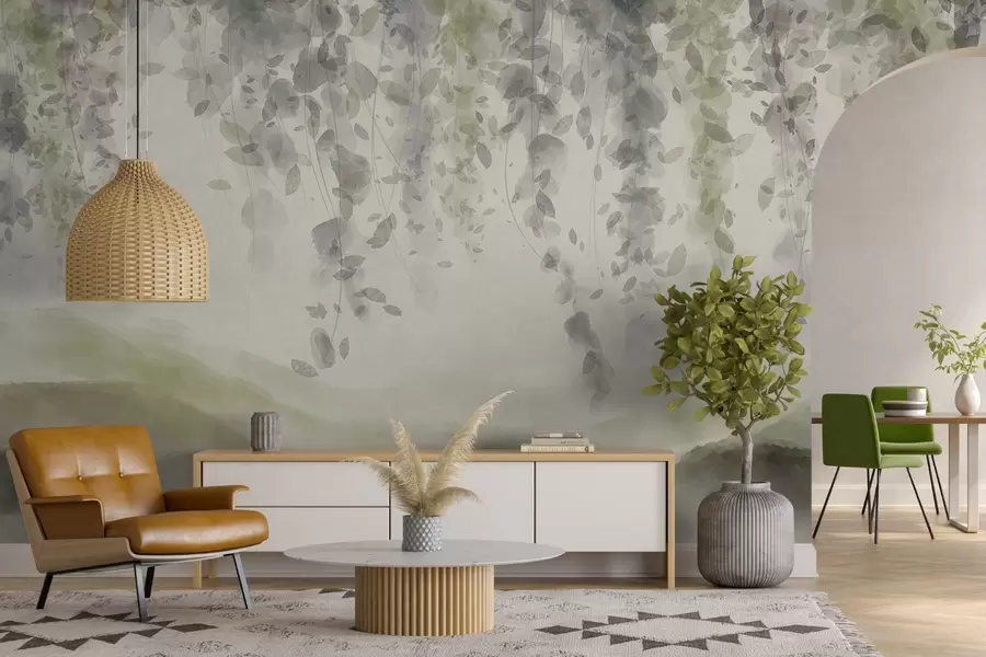 τοιχογραφίες Φύλλα γλιστρίδας που κρέμονται πάνω από γαλανά βουνά, απαλά παστέλ πράσινα και μπεζ χρώματα, τοπίο σε στυλ ακουαρέλας w08909v2