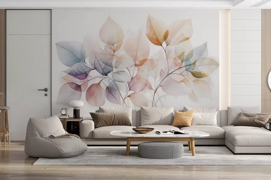 τοιχογραφίες Ακουαρέλα με ημιδιαφανή φύλλα σε παστέλ χρώματα, με αποχρώσεις του ροζ, του λευκού, του μοβ και του μπλε w08910