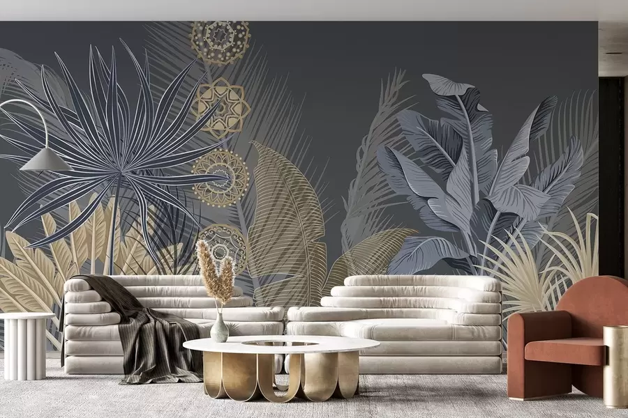 τοιχογραφίες Τροπικά φύλλα σε μπλε και καφέ αποχρώσεις, φύλλα φοίνικα, φύλλα μπανάνας και στολίδια μαντάλα, σκούρο φόντο w08913