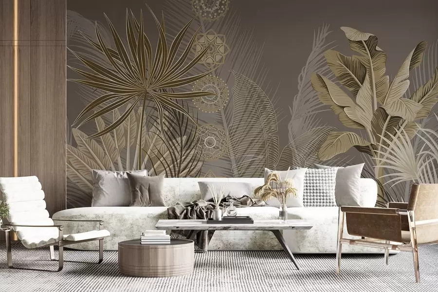 τοιχογραφίες Τροπικά φύλλα σε μπεζ και καφέ τόνους, φύλλα φοίνικα, φύλλα μπανάνας και στολίδια μαντάλα, σκούρο φόντο w08913v1