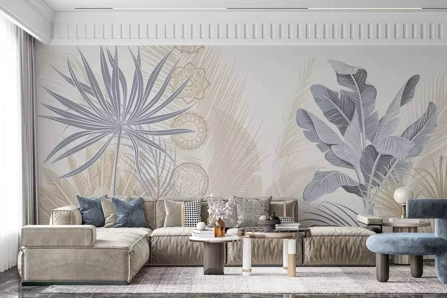 τοιχογραφίες Τροπικά φύλλα σε μπλε και μπεζ αποχρώσεις, φύλλα φοίνικα, φύλλα μπανάνας και στολίδια μαντάλα, ανοιχτό φόντο w08913v2