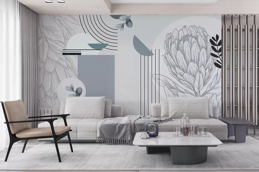 τοιχογραφίες Αφηρημένη βοτανική εκτύπωση με λουλούδι πρωτέας, φύλλα ευκαλύπτου, γεωμετρικά σχήματα σε μινιμαλιστικό στυλ, παστέλ χρώματα w08914v1