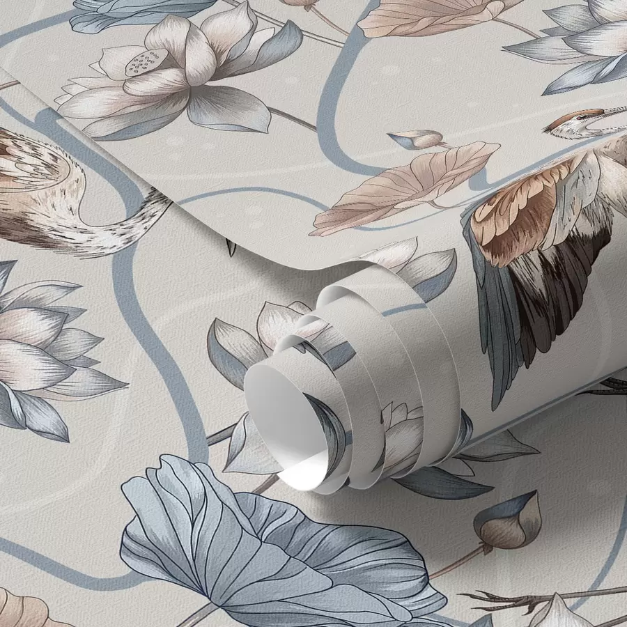 τοιχογραφίες Σύνθεση με γερανούς και λωτούς σε παστέλ χρώματα a00064