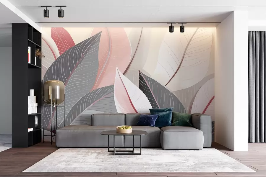 τοιχογραφίες Κοντινό πλάνο φύλλων σε γκρι και ροζ τόνους w08944v1