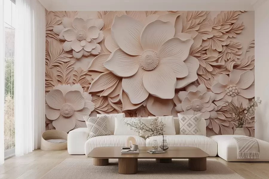 τοιχογραφίες Μπεζ λουλούδια και φύλλα με ανάγλυφο εφέ w08933