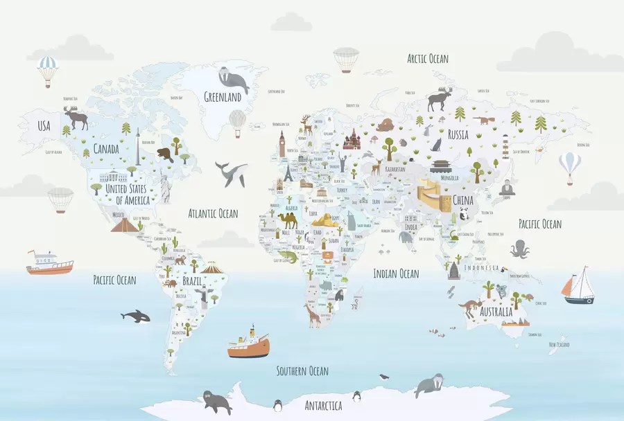 τοιχογραφίες Παγκόσμιος χάρτης με ζώα και ορόσημα w03410