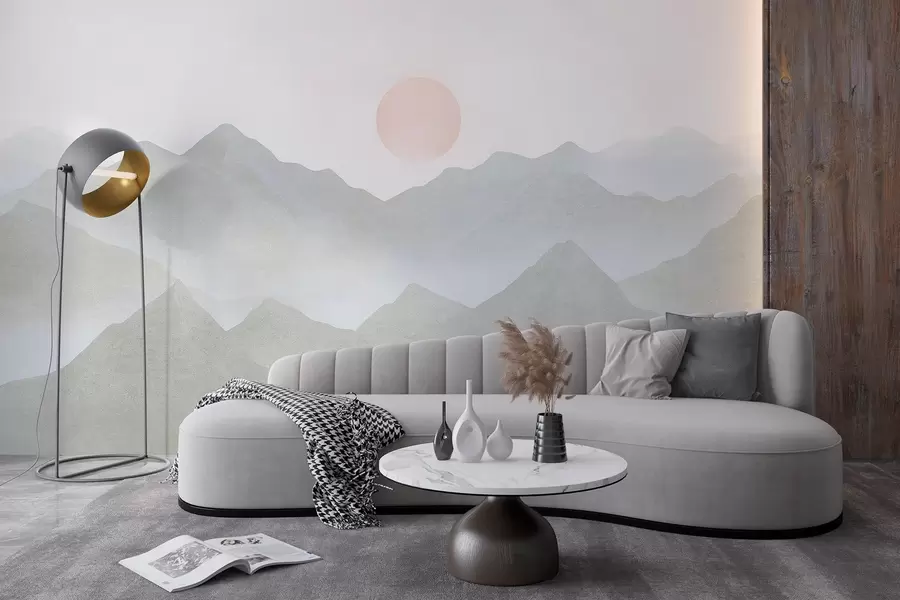 τοιχογραφίες Boho στυλ βουνά τοπίο, ηλιοβασίλεμα, μαλακό παστέλ, γκρι w03547v1