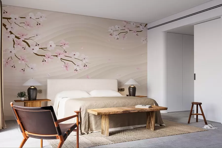 τοιχογραφίες Κλαδιά Sakura σε κυματιστό αμμώδες φόντο w08959
