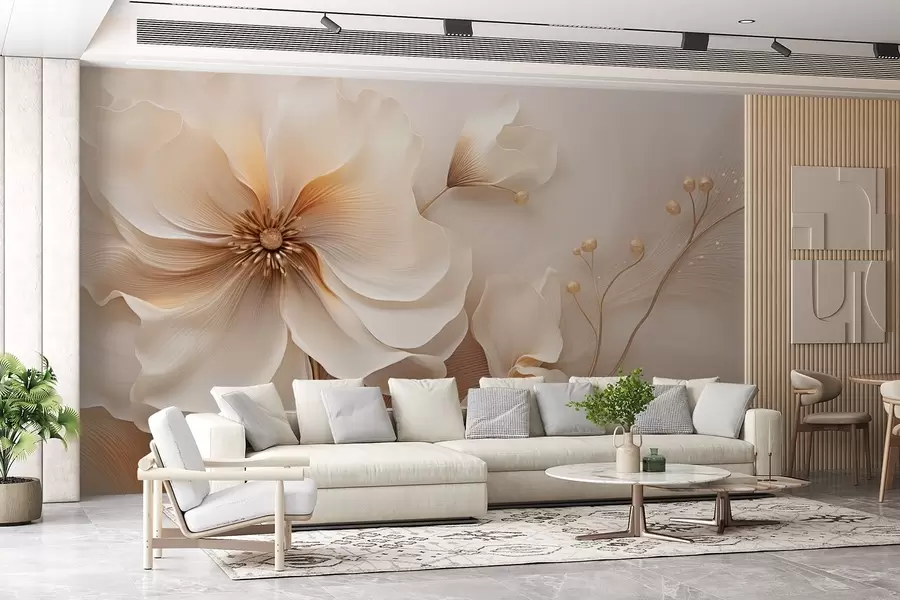 τοιχογραφίες Μπεζ και ανοιχτό καφέ άγρια χόρτα με λουλούδια σε μπεζ αποχρώσεις w08960