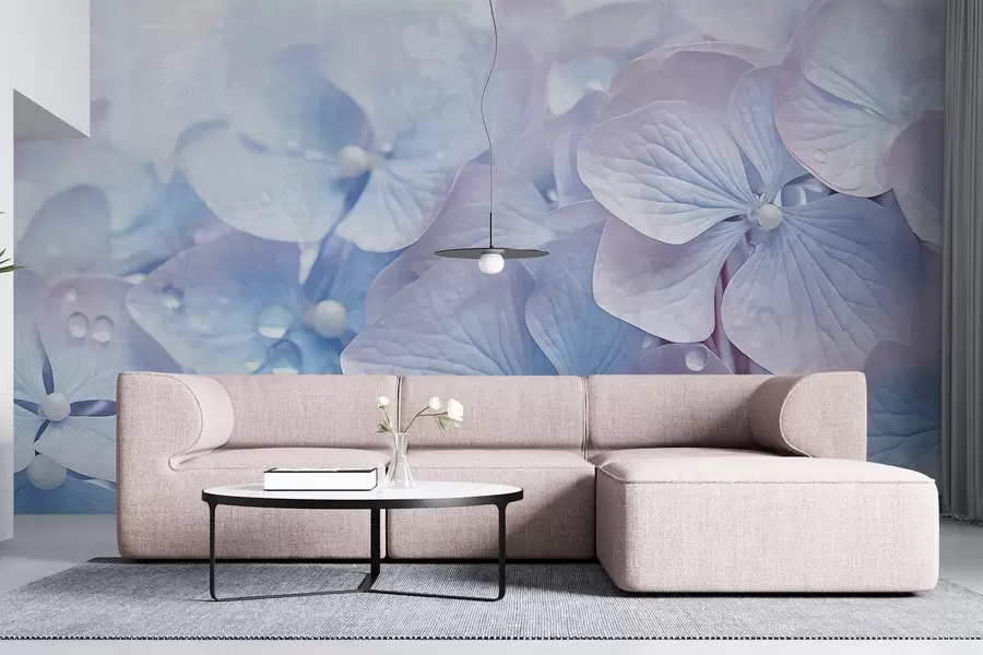 τοιχογραφίες Vintage υφή μπλε και ροζ λουλούδια ορτανσίας με σταγόνες νερού στα πέταλα, θολή ροζ φόντο w08981