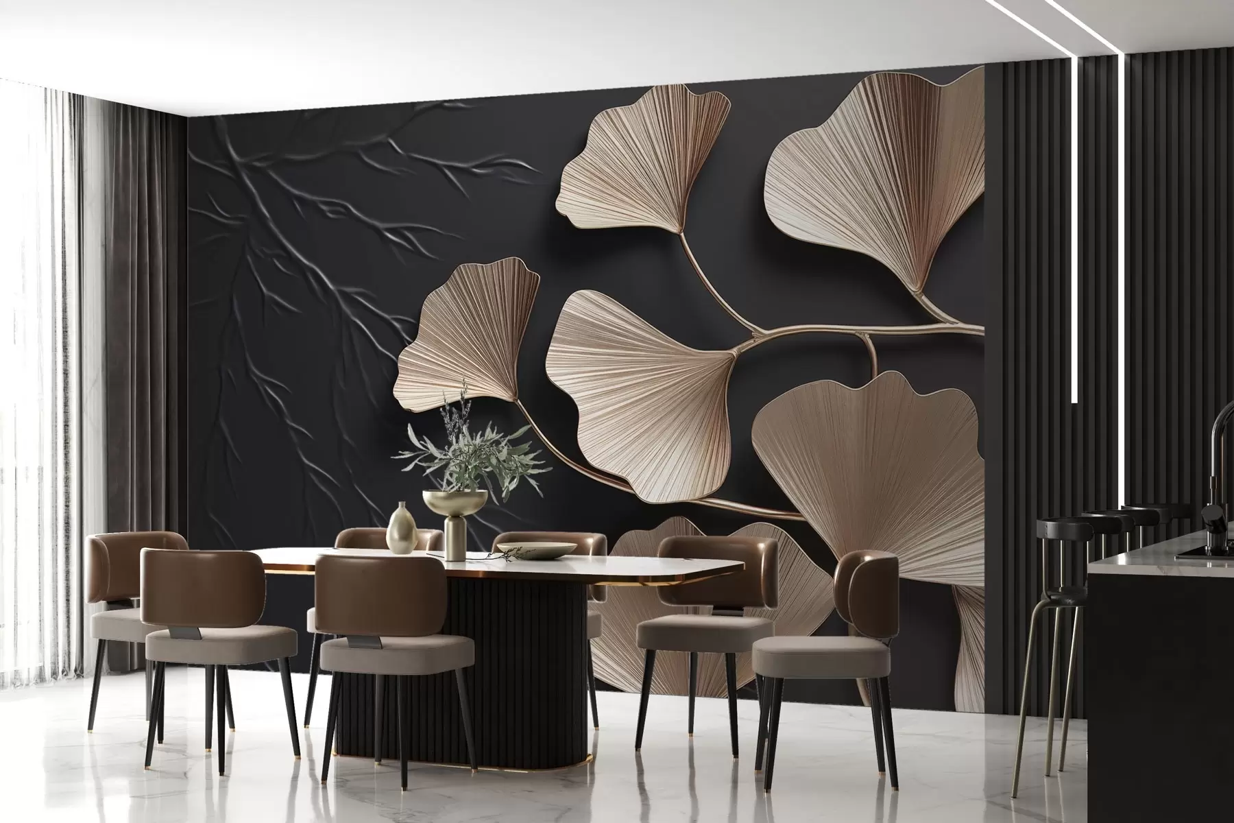 τοιχογραφίες Ογκομετρικό φύλλωμα σε σκούρο τοίχο με κλαδιά w03650