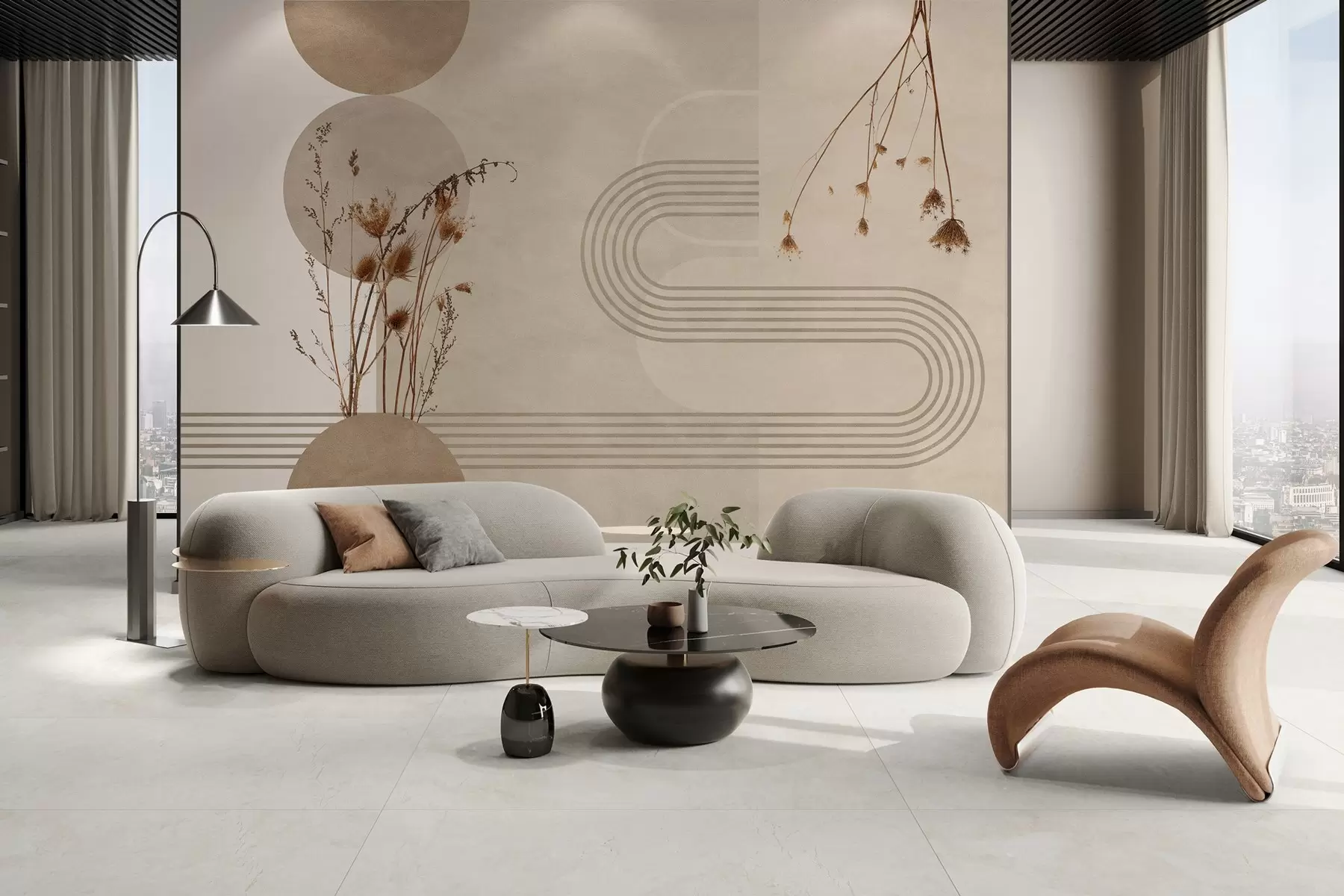 τοιχογραφίες κομψή γεωμετρία και αποξηραμένα λουλούδια σε μπεζ αποχρώσεις w03449