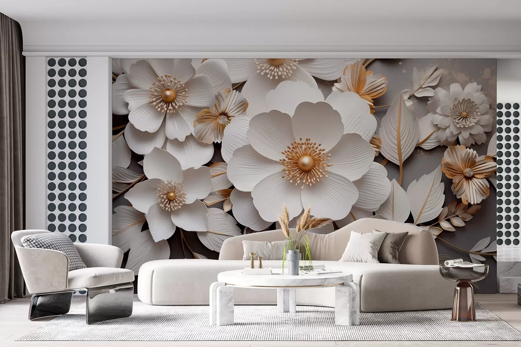 τοιχογραφίες τρισδιάστατα λουλούδια σε στυλ origami σε κίτρινο-γκρι αποχρώσεις w08993