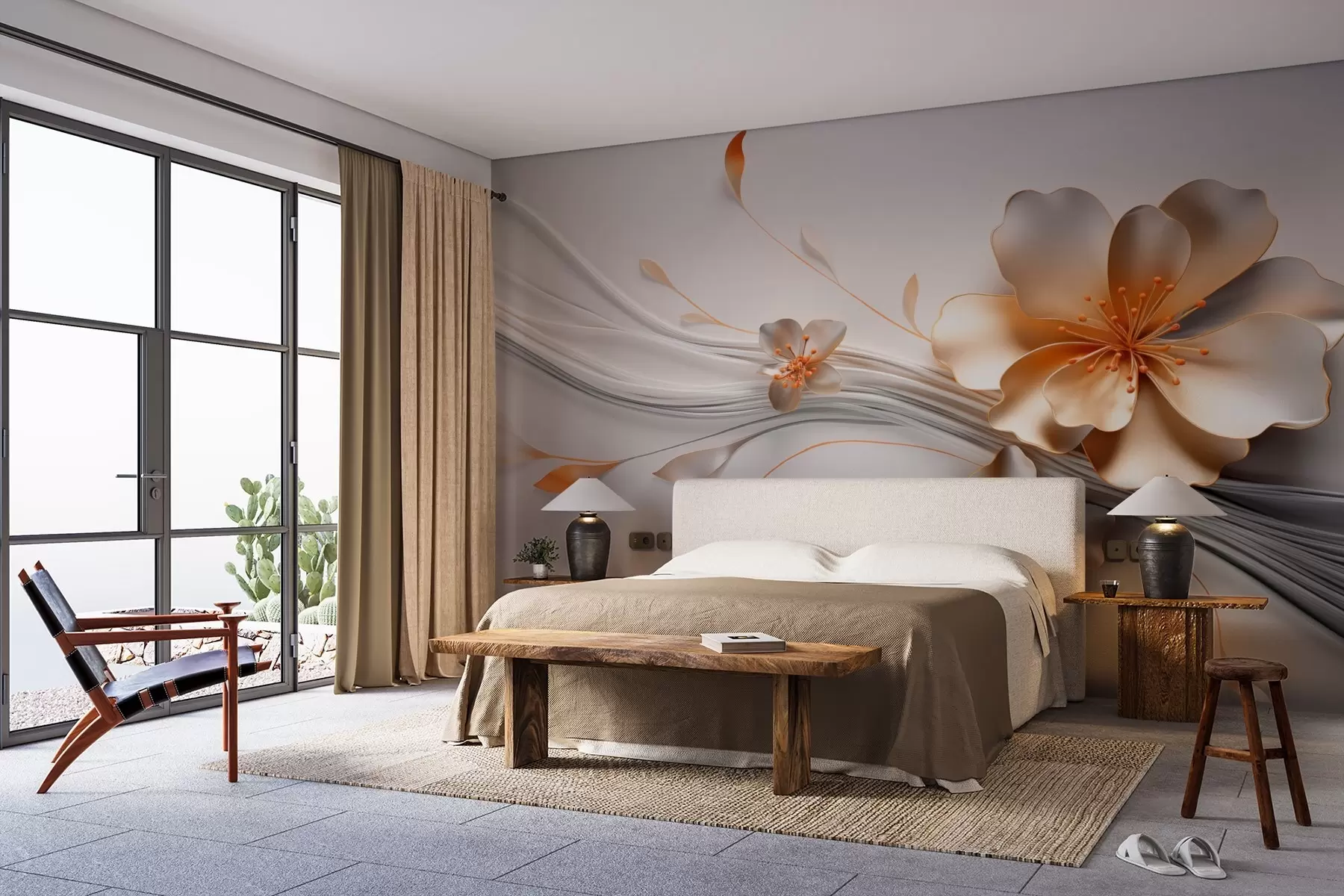 τοιχογραφίες Ένα πορτοκαλί λουλούδι σε γκρι αφηρημένο φόντο w09004