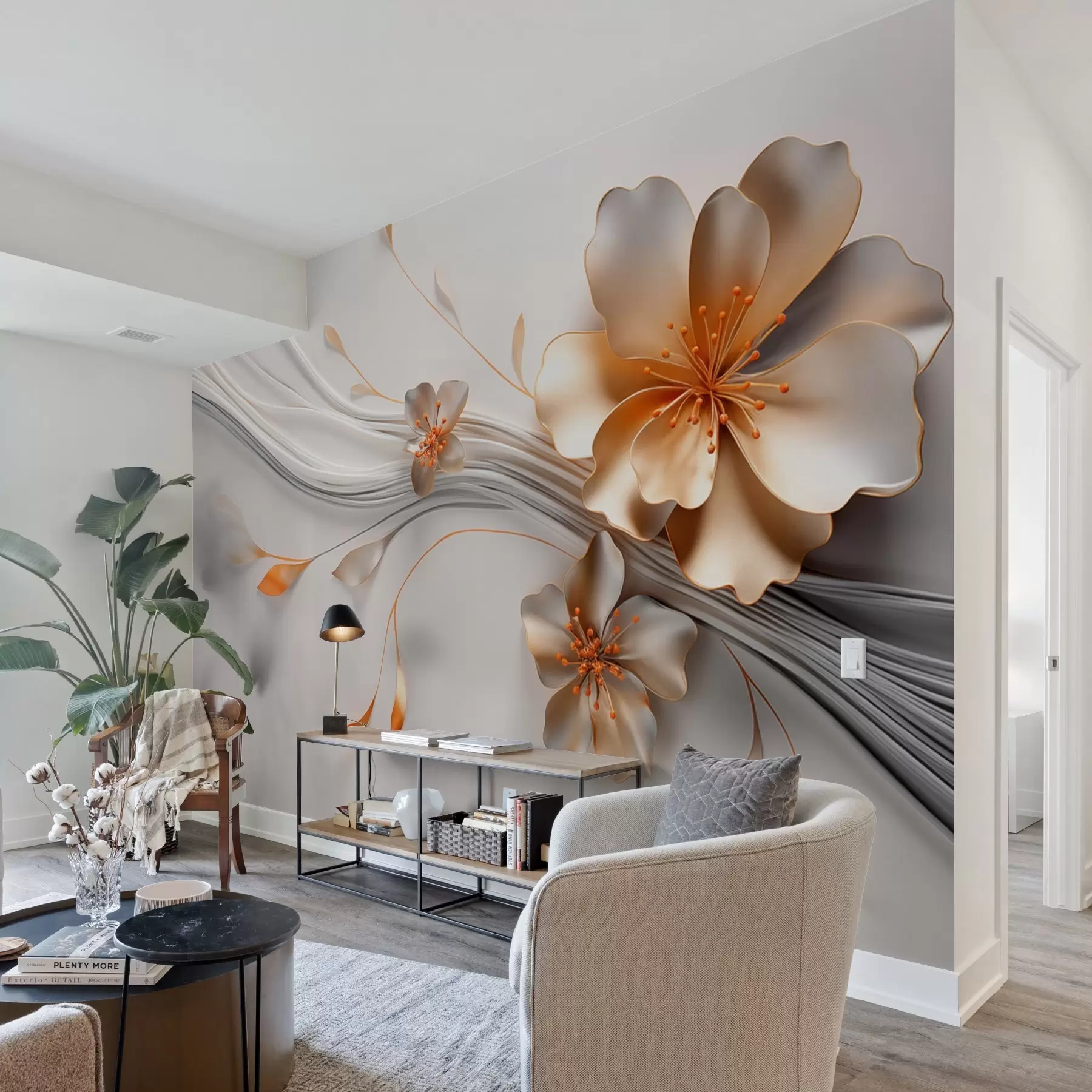 τοιχογραφίες Ένα πορτοκαλί λουλούδι σε γκρι αφηρημένο φόντο w09004