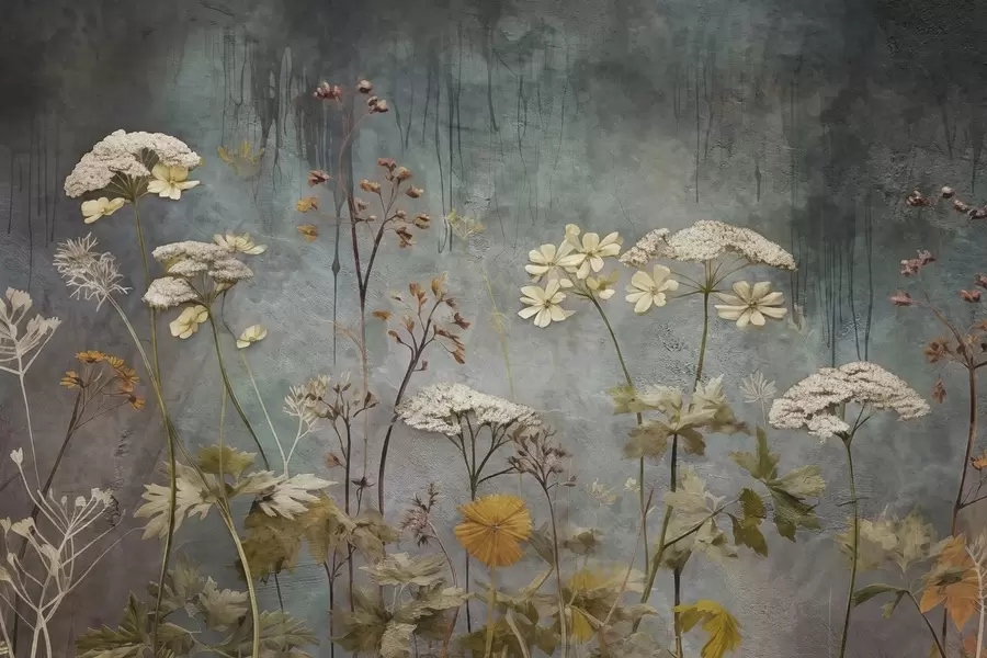 τοιχογραφίες Άγρια λουλούδια και χόρτα στο φόντο του τοίχου grunge w03697