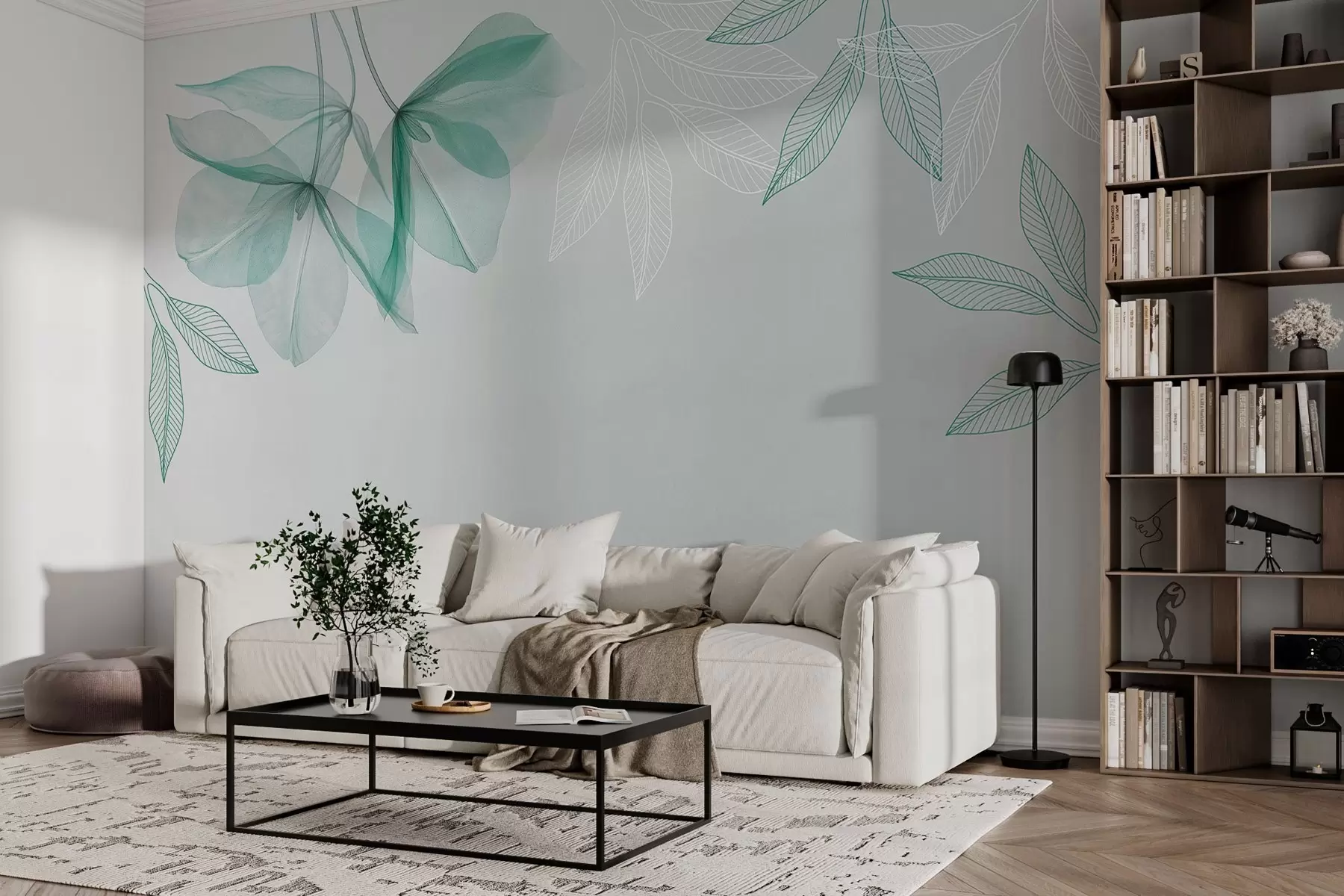 τοιχογραφίες λεπτεπίλεπτα ημιδιαφανή λουλούδια και φύλλα σε πράσινες αποχρώσεις w03616v1