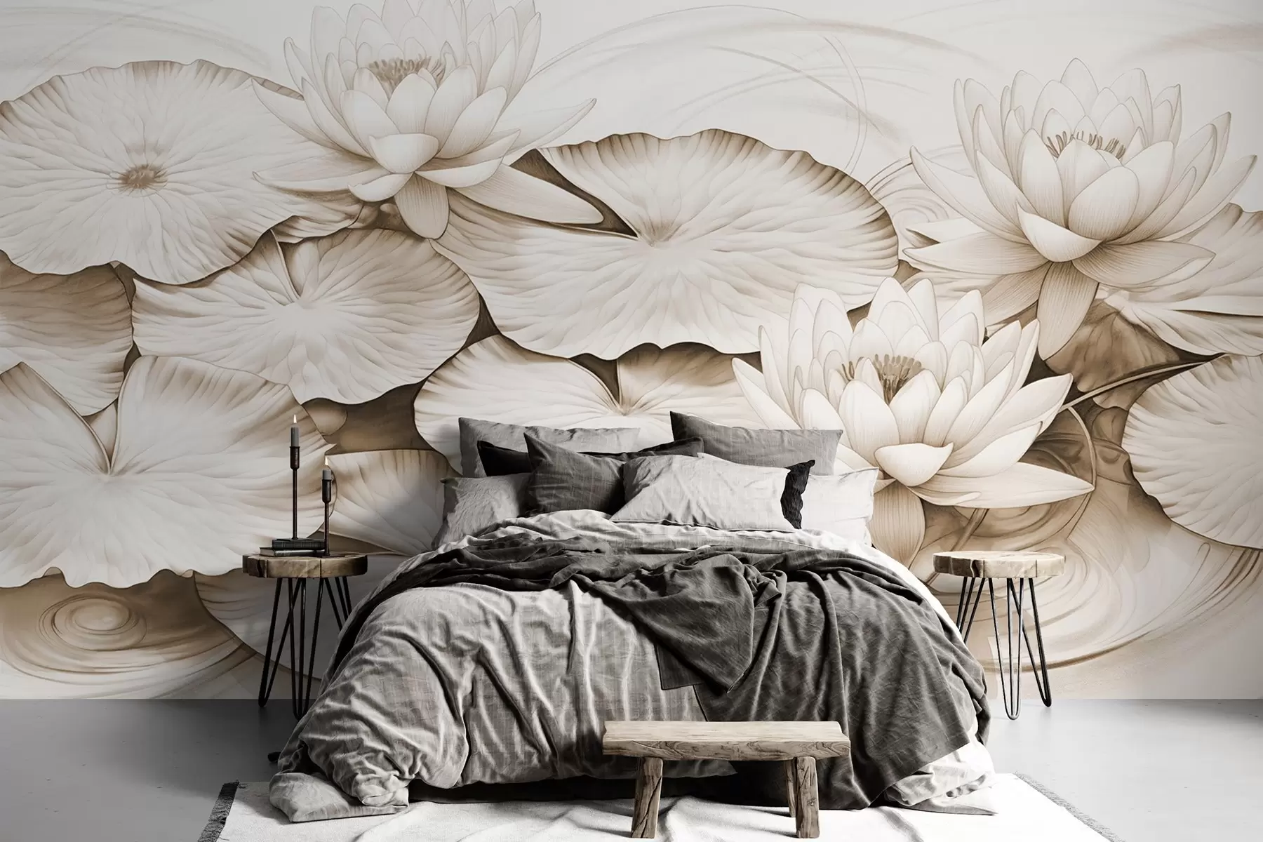 τοιχογραφίες Κρίνοι και κρινάκια σε μια λίμνη, καφέ και λευκή απομίμηση του σχεδίου με μολύβι, λεπτομερής βοτανική απεικόνιση, τέχνη της φύσης w09006v2