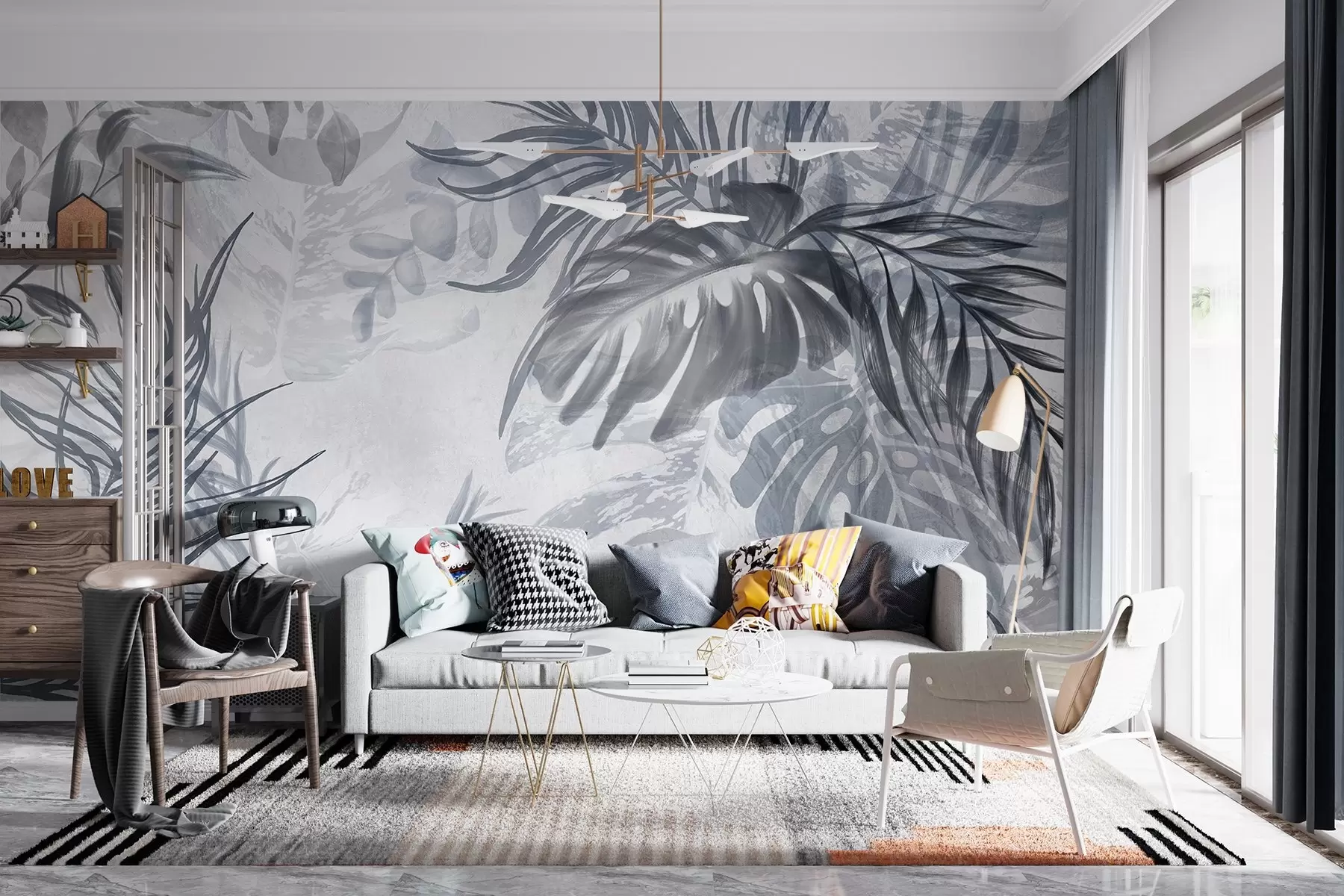 τοιχογραφίες Monstera και φύλλα φοίνικα σε αποχρώσεις του μπλε και του γκρι, βοτανικά, τροπικά φυλλώματα, φυτά ζούγκλας, φόντο με υφή w09011v1