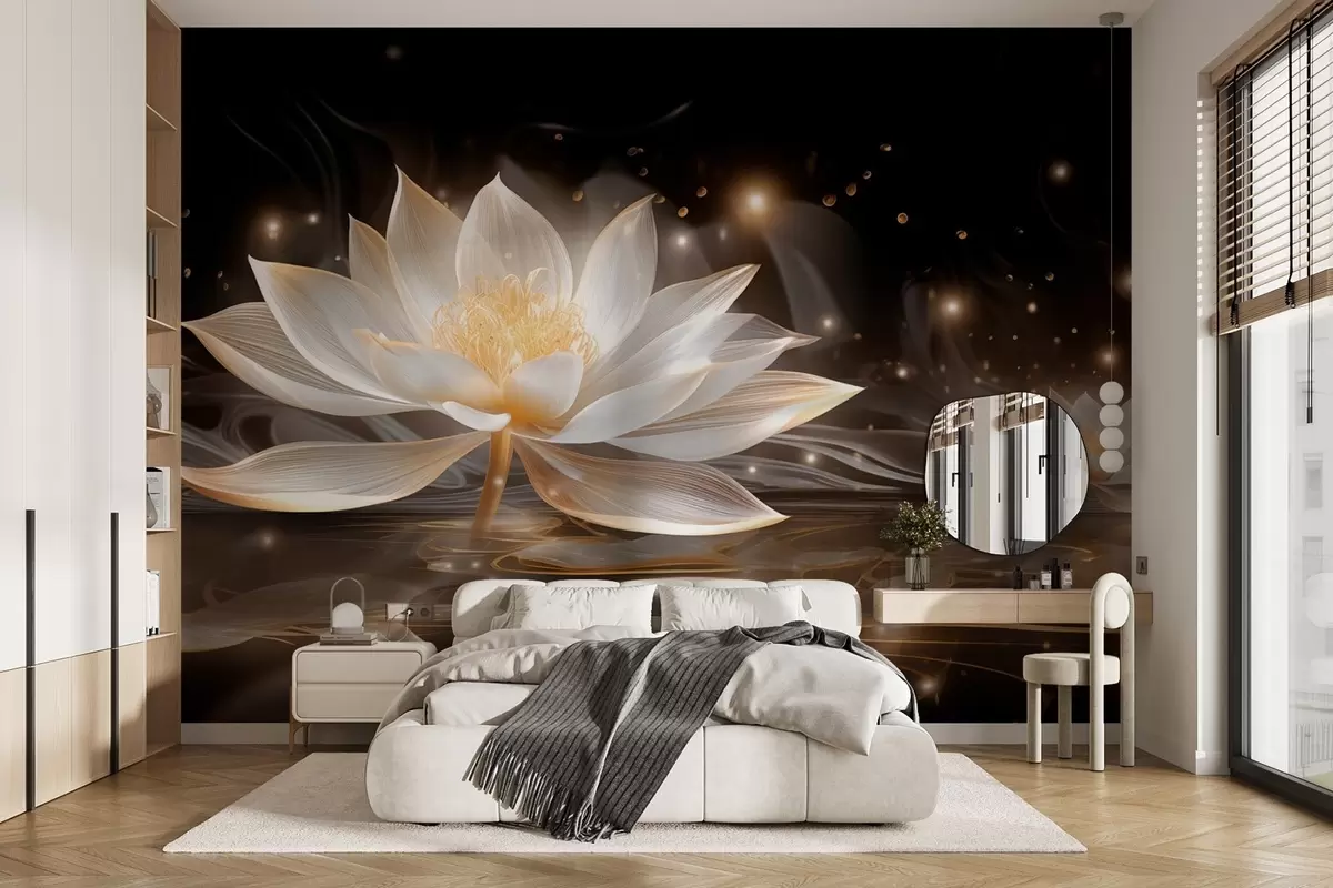 τοιχογραφίες Κομψά λευκά νούφαρα σε σκοτεινό νερό w09021