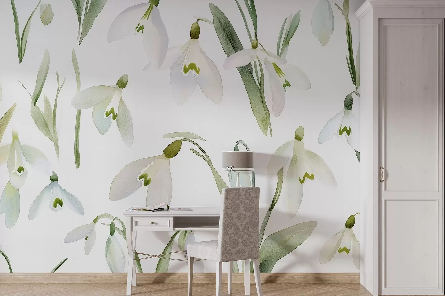 τοιχογραφίες Χιονόχορτο λουλούδια σε στυλ ακουαρέλας, φυσικά χρώματα w03754