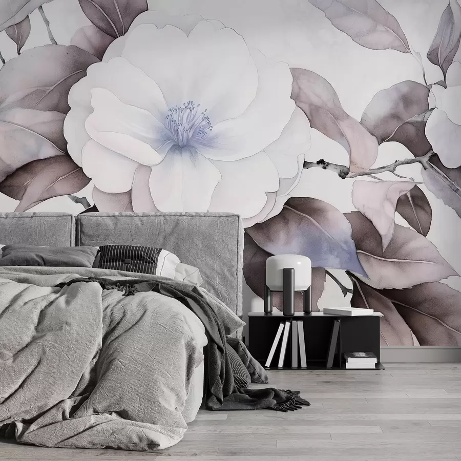 τοιχογραφίες Υδατογραφία στυλ καμέλια λουλούδια στο κλαδί, μοβ χρώματα w03761v1