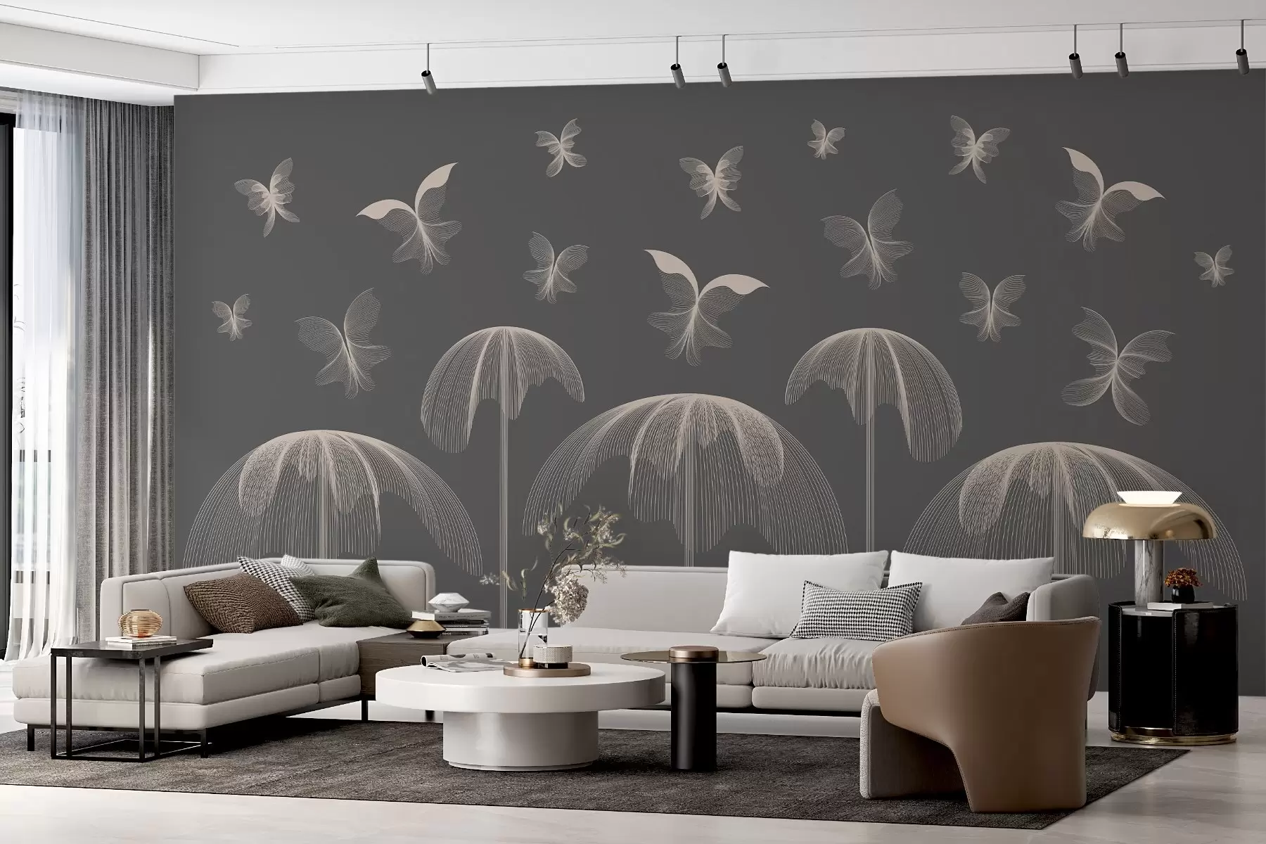 τοιχογραφίες μινιμαλιστική γραμμική ταπετσαρία πεταλούδες και σιντριβάνια σε σκούρο γκρι φόντο w03762v1