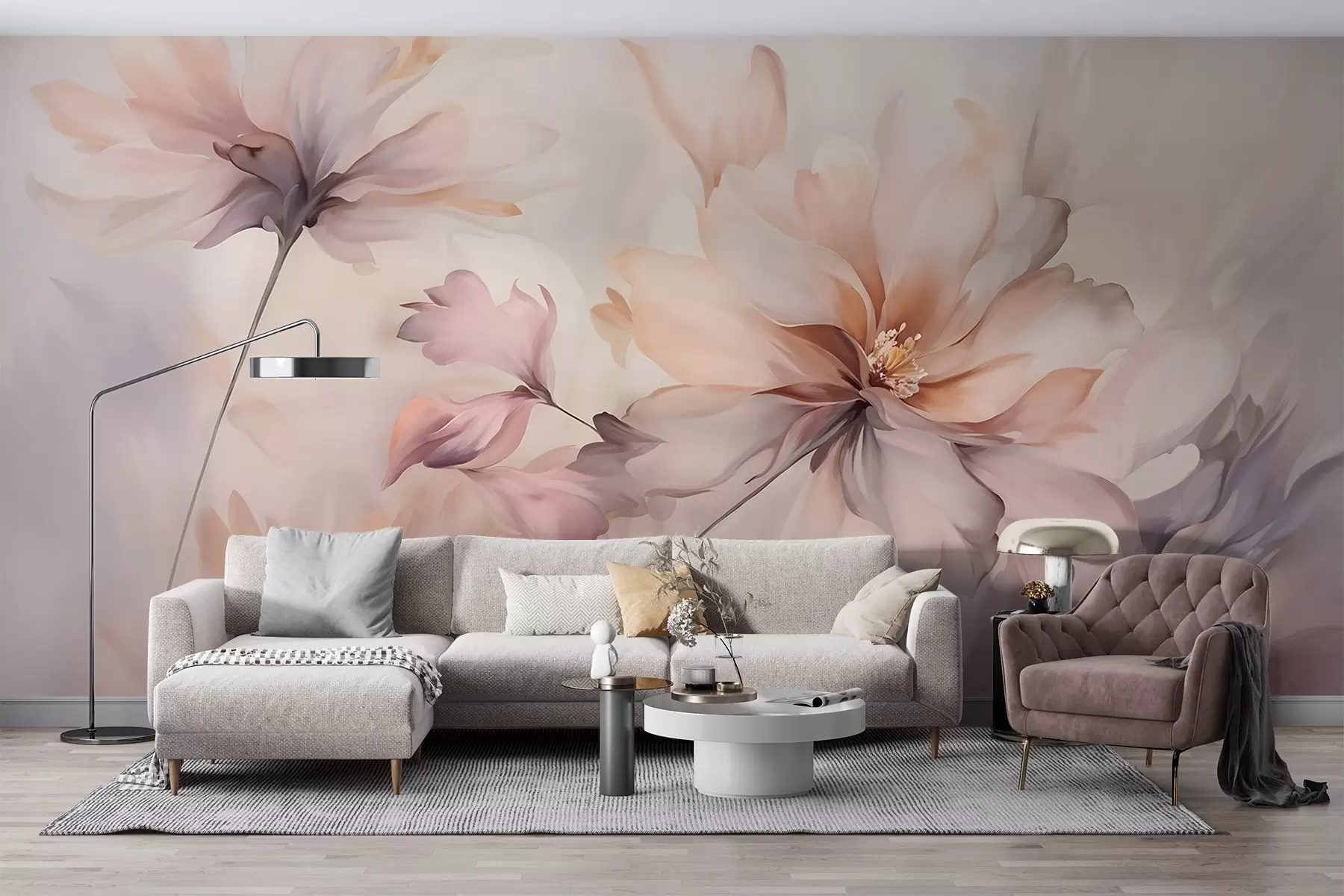 τοιχογραφίες Μια λεπτή ανθοτεχνία με μεγάλα λουλούδια σε παστέλ χρώματα με ημιδιαφανή πέταλα, μαλακά στελέχη και ένα απαλό διάχυτο φόντο  w09050