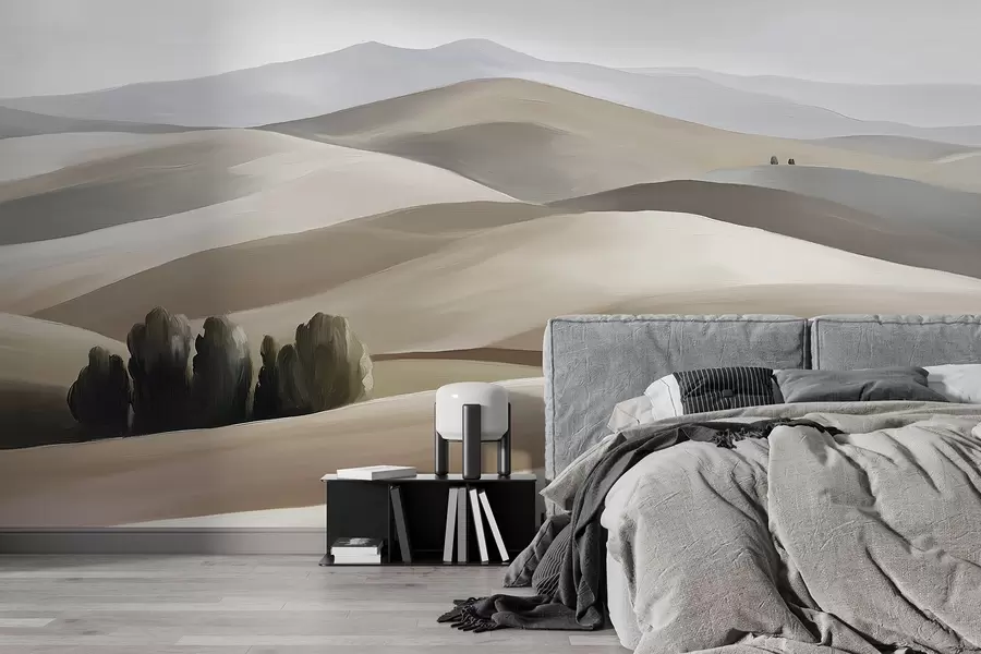 τοιχογραφίες Τοπία με δέντρα, Τοσκάνη, μπεζ και γκρι χρώματα, στυλ λάδι w03880v1