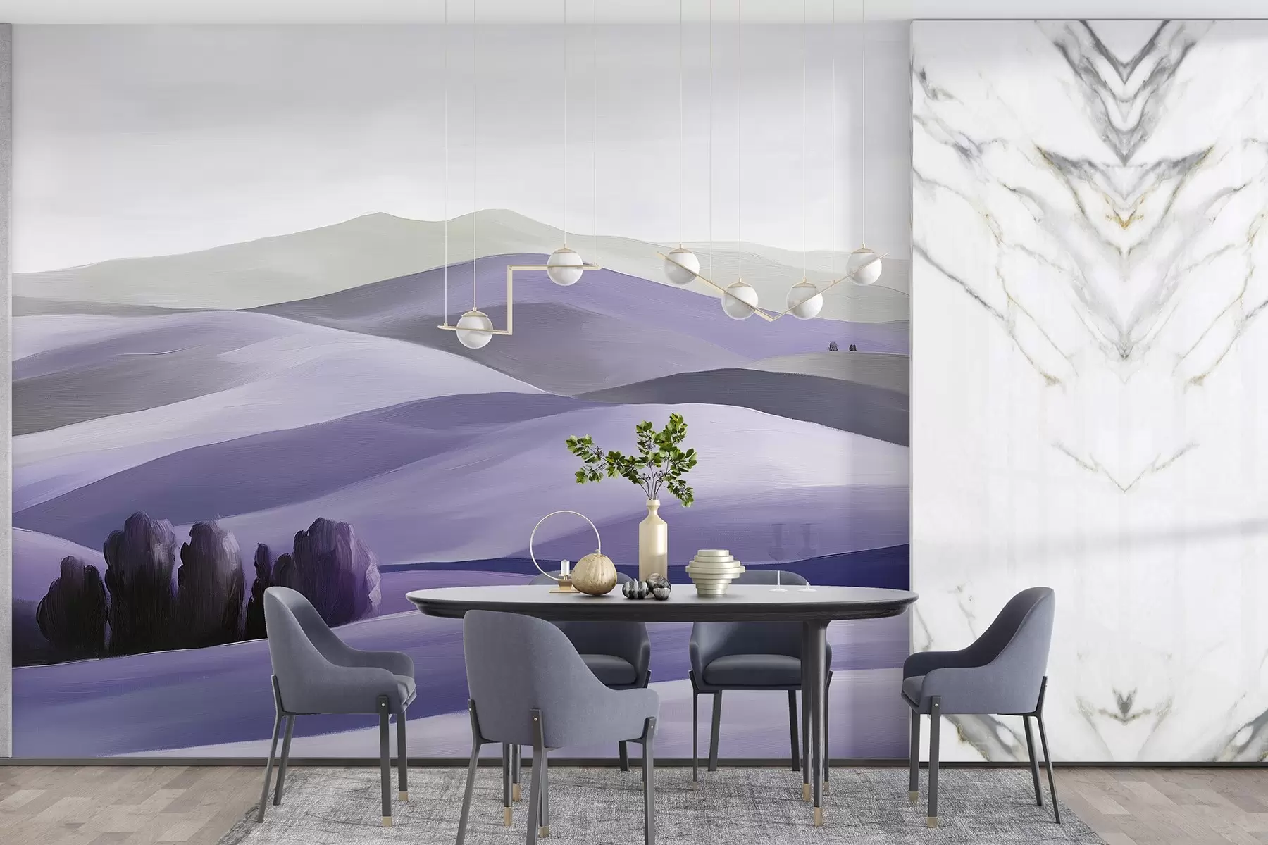 τοιχογραφίες Τοπία με δέντρα, Τοσκάνη, μωβ χρώματα, στυλ λάδι w03880v3