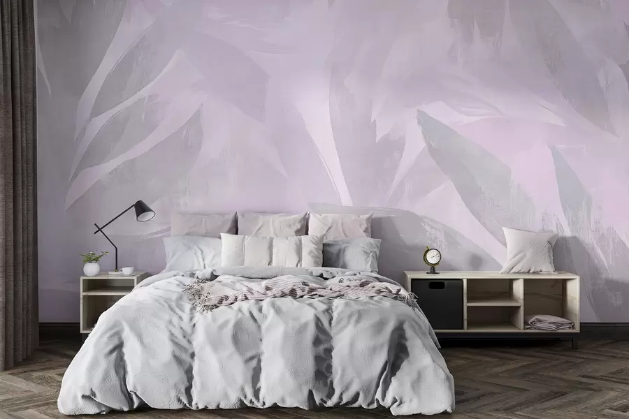 τοιχογραφίες Τροπικά φύλλα, λουλούδια, φοίνικες, παστέλ στυλ, μοβ χρώματα w03881v1