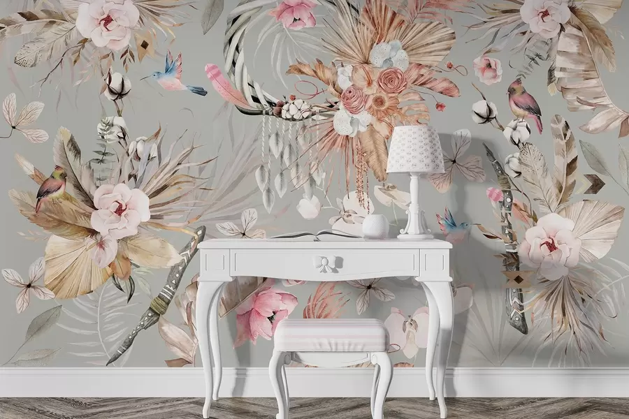 τοιχογραφίες Στολίδι σε στυλ μποχό με λουλούδια παιώνιας και πουλιά, στυλ ακουαρέλας, μπεζ χρώματα w03885