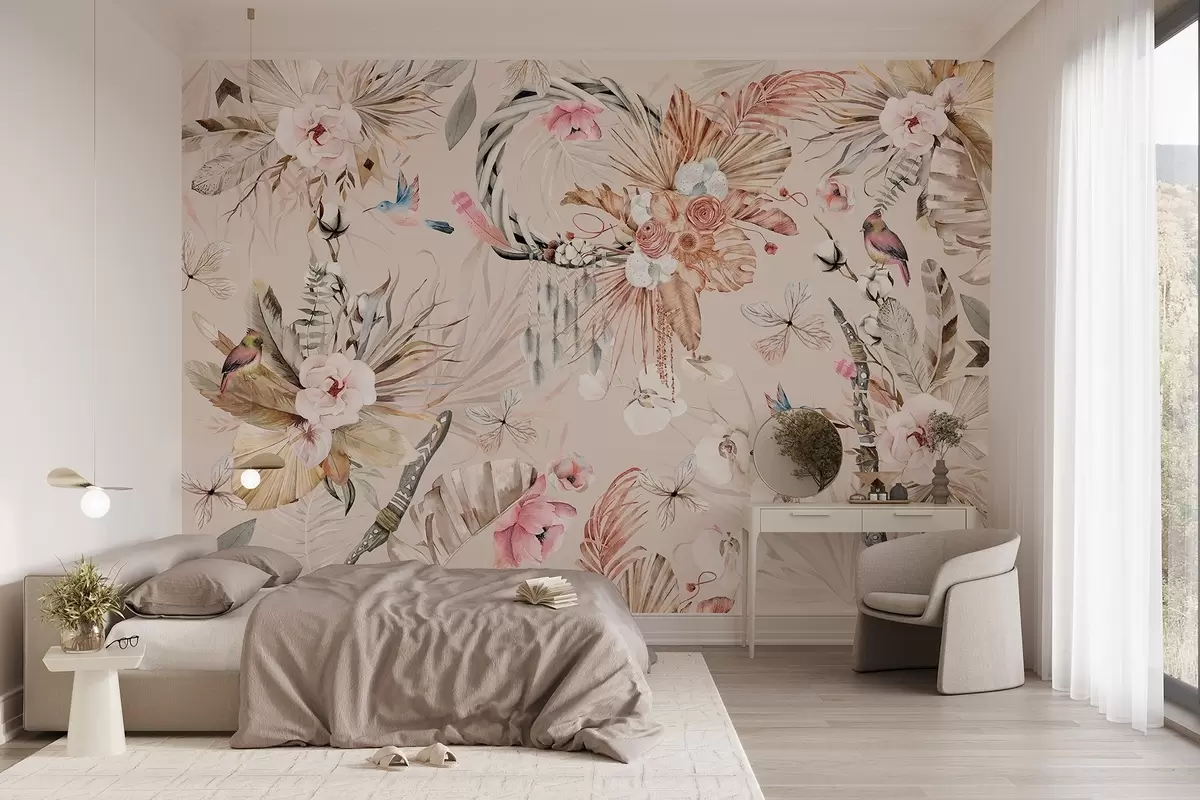 τοιχογραφίες Στολίδι σε στυλ Boho με λουλούδια παιώνιας και πουλιά, στυλ ακουαρέλας, απαλά χρώματα w03885v3