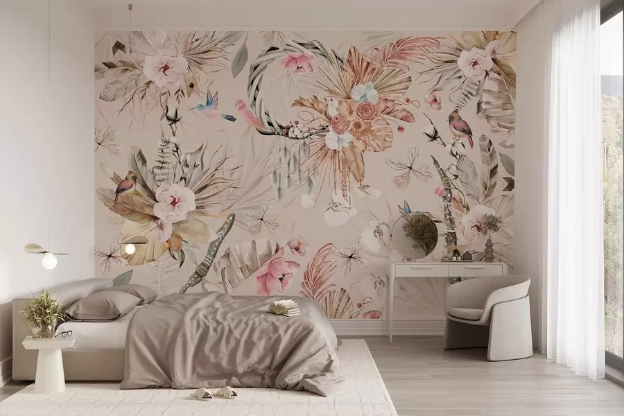 τοιχογραφίες Στολίδι σε στυλ Boho με λουλούδια παιώνιας και πουλιά, στυλ ακουαρέλας, απαλά χρώματα w03885v3