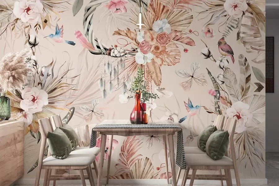 τοιχογραφίες Στολίδι σε στυλ Boho με λουλούδια παιώνιας και πουλιά, στυλ ακουαρέλας, απαλά χρώματα w03885v3